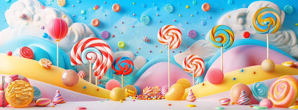 3D rendering of a colorful candy land with lollipops, gumdrops, and other sweets 3D rendering of a colorful candy land with lollipops, gumdrops, and other sweets