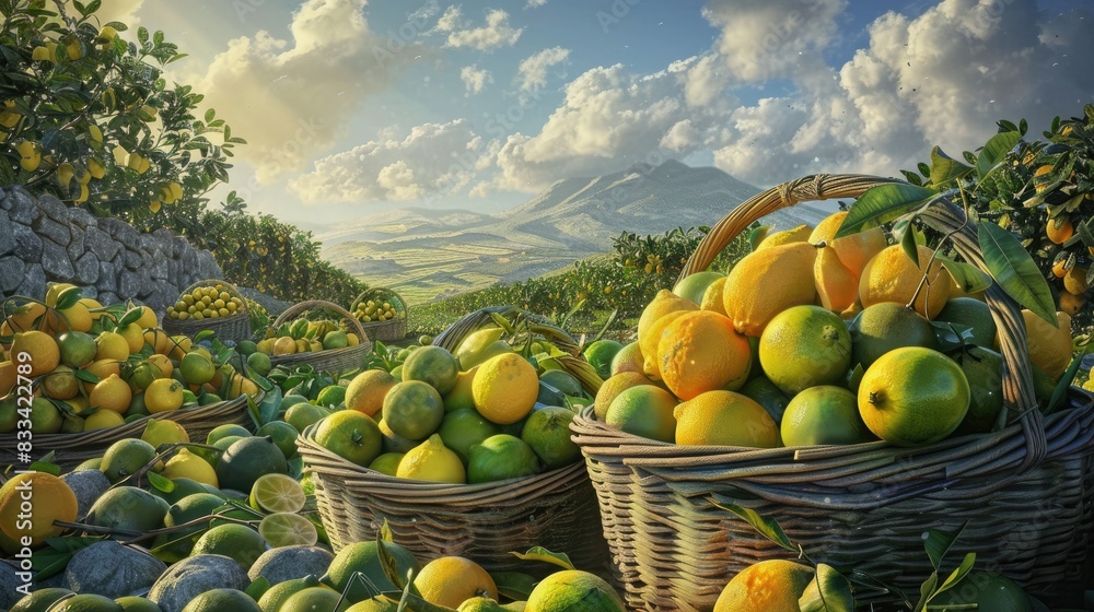 a picturesque citrus grove with baskets of ripe lemons and limes ready to be juiced into a refreshing citrus blend. a picturesque citrus grove with baskets of ripe lemons and limes ready to be juiced into a refreshing citrus blend.