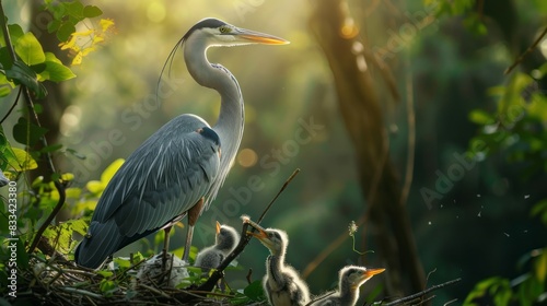 grey heron perched on nest, tenderly feeding its chirping chicks, amidst lush greenery and soft sunlight, exuding serene and intimate family bonding moment. photo