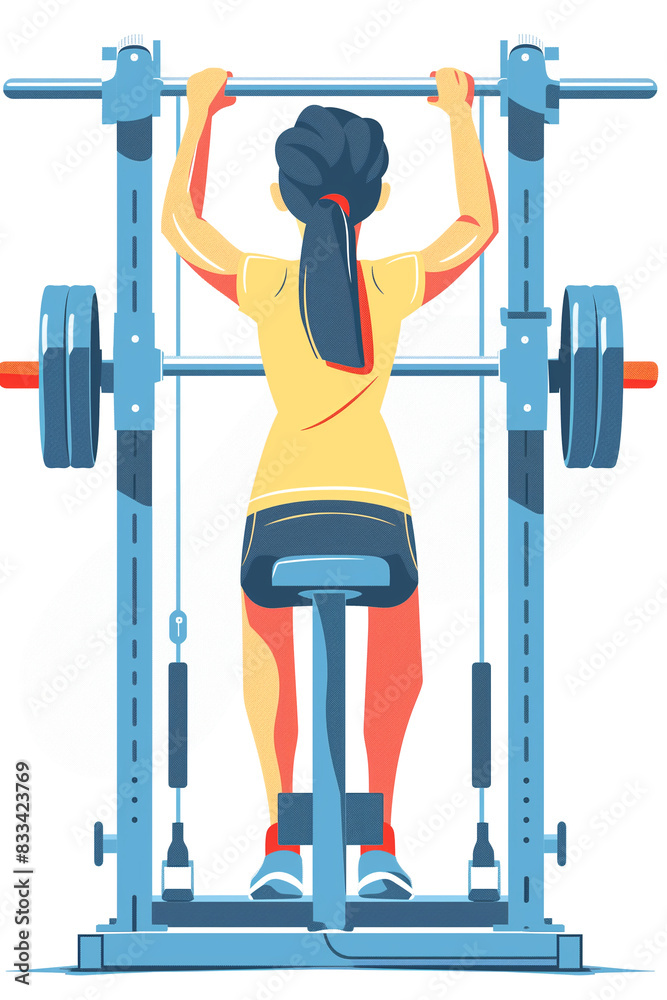 Fototapeta premium A woman is lifting weights on a machine. The machine is blue and has a silver handle. The woman is wearing a yellow shirt and black shorts