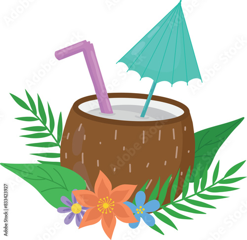 Coconut alcoholic cocktail with straw, umbrella, flower and palm leaves. Vector illustration. Alcoholic drinks are available in the bar menu. Beach holidays,summer holidays,party, cafe bar, vacations.