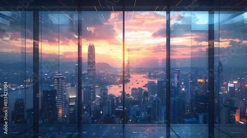 Vibrant City Skyline Through Transparent Office Window Showcasing Bustling Business Environment