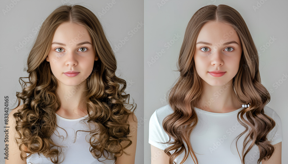 Young woman with long hair before and after using curlers on grey background, collage Young woman with long hair before and after using curlers on grey background, collage