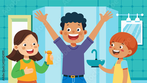 A volunteer excitedly showing the family their newly renovated bathroom complete with a shower and fresh coat of paint.. Vector illustration