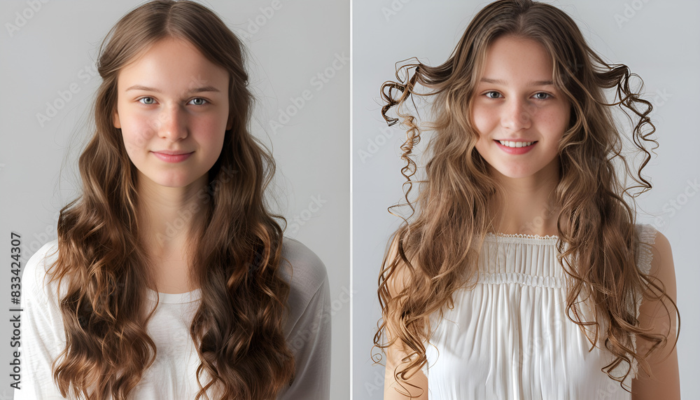 Young woman with long hair before and after using curlers on grey background, collage Young woman with long hair before and after using curlers on grey background, collage