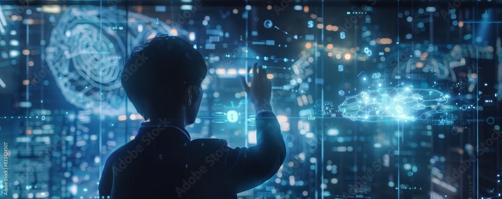 custom made wallpaper toronto digitalA person interacts with a futuristic digital interface, surrounded by holographic data representations in a high-tech environment.