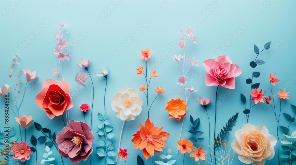 Fototapeta premium Vibrant, delicate, handcrafted paper flowers in varied colors and shapes against a serene light blue background, with ample space for text or design elements.