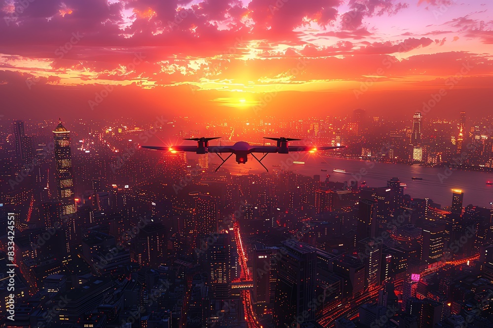 Drone flying over a futuristic city at sunset. Drone flying over a futuristic city at sunset.