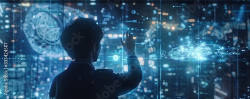 Wallpaper Mural A person interacts with a futuristic digital interface, surrounded by holographic data representations in a high-tech environment. Torontodigital.ca