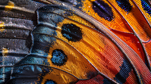 A butterfly wing with a mix of blue, green, and orange colors. The wing has a lot of dots and is very detailed