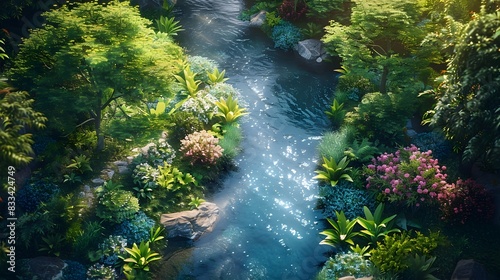 Serene Digital Aerial Landscape of Lush Tranquil Garden with Winding River and Vibrant Flora Fauna