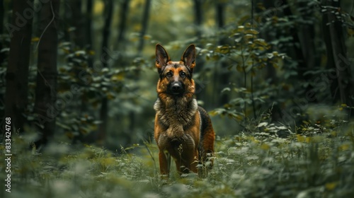 A majestic german shepherd dog with erect ears and piercing eyes stands alertly in a lush green meadow surrounded by dense forest trees.