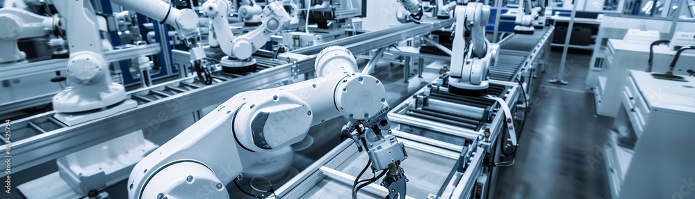 Automated robotic arms in a modern industrial production line for efficient and precise manufacturing processes in a factory setting. Automated robotic arms in a modern industrial production line for efficient and precise manufacturing processes in a factory setting.