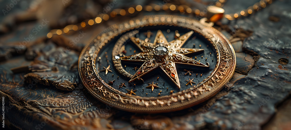 closeup of a star and crescent pendant illuminated by soft light using Macro Photography and RealTime Eye AF to highlight the intricate designs and cultural significance closeup of a star and crescent pendant illuminated by soft light using Macro Photography and RealTime Eye AF to highlight the intricate designs and cultural significance
