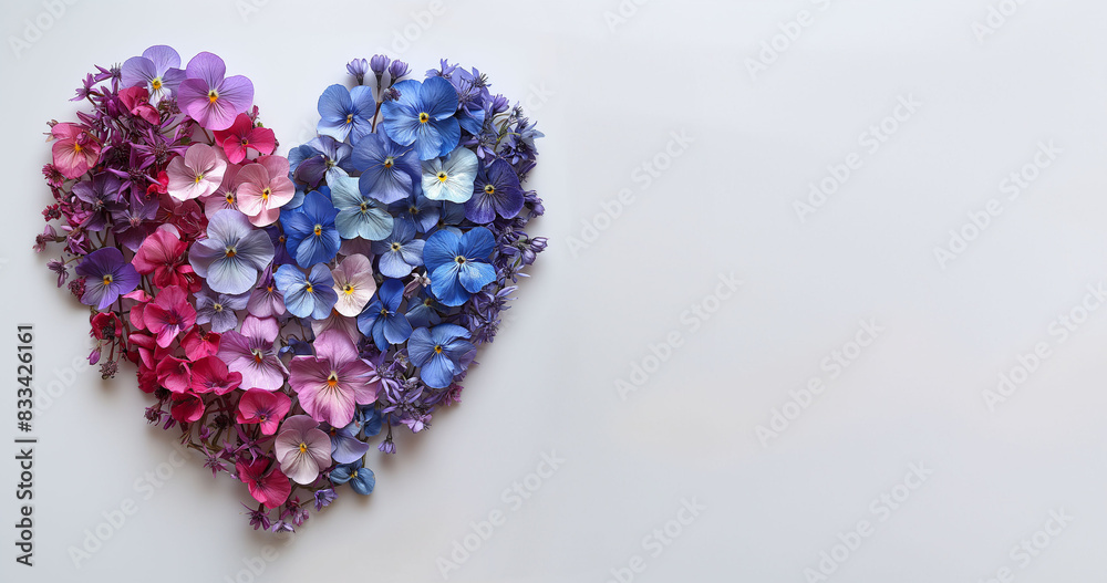 Banner with vibrant heart shaped of multicolored flowers, blue and pink, against a white background, creating a joyful expression. For joy and love, for occasions like Mothers Day or anniversaries Banner with vibrant heart shaped of multicolored flowers, blue and pink, against a white background, creating a joyful expression. For joy and love, for occasions like Mothers Day or anniversaries