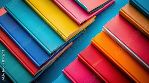 colorful notebooks neatly organized in a high-angle picture, signifying the anticipation and planning for going back to school. photo