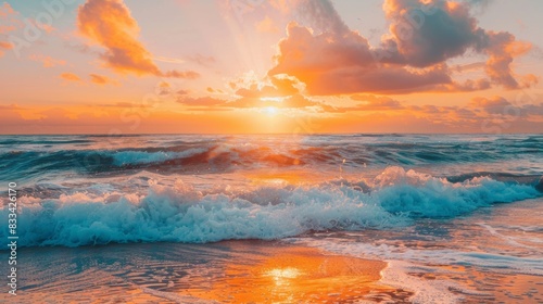 Vibrant orange and pink hues illuminate the serene ocean waves as the sun sets behind the surf  creating a breathtaking coastal landscape scenery backdrop.