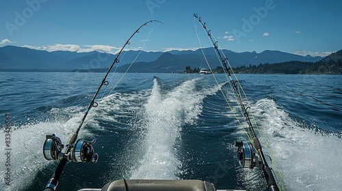 Two fishing rods held in fishing rod holders, attached to a back of a boat. The rods are bent from the weight of the down riggers. People are trolling for salmon of the coast of British Columbia
