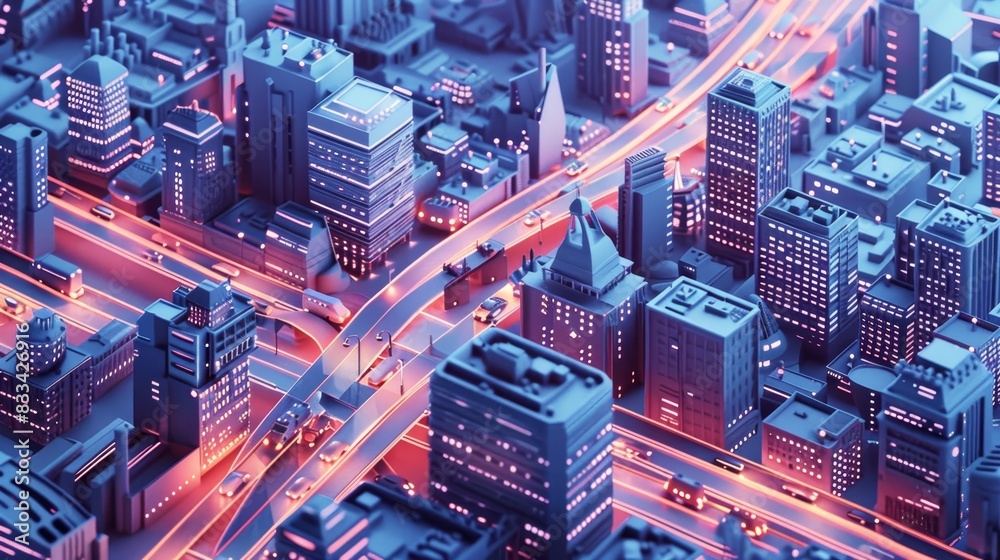 Fototapeta premium Futuristic cityscape with vibrant neon lights, highlighting busy roads and modern buildings, captured from an aerial perspective at night.