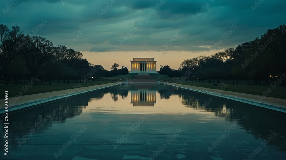 Obraz premium Majestic lincoln memorial's marble columns and stairs reflect perfectly in the still waters of the large rectangular reflecting pool at dusk in washington dc.