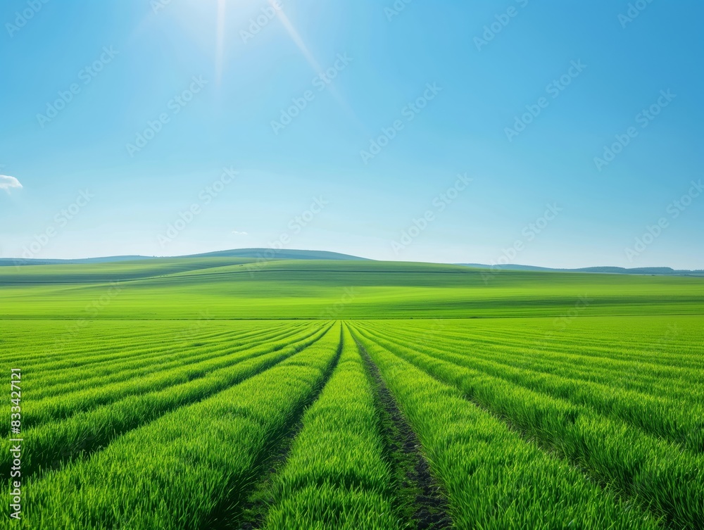 A vast, sunlit green field stretches to the horizon under a clear blue sky, with neat rows of crops