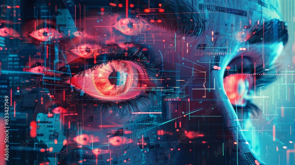Futuristic digital artwork depicting a human eye surrounded by technology, symbolizing surveillance, artificial intelligence, and data security. Futuristic digital artwork depicting a human eye surrounded by technology, symbolizing surveillance, artificial intelligence, and data security.