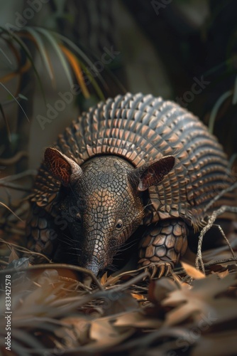 A close-up shot of an armadillo lying on the ground, its shell visible © Ева Поликарпова
