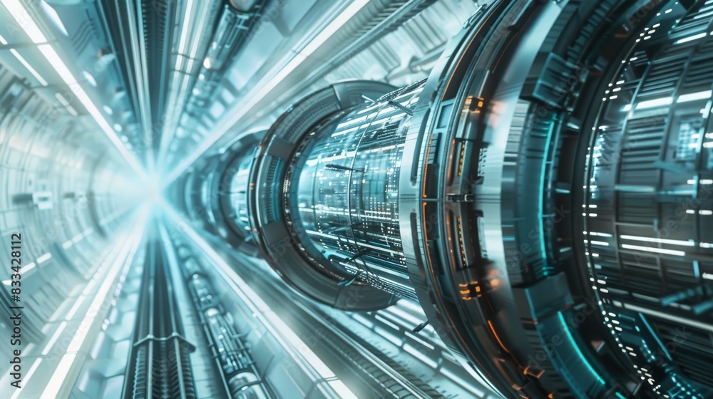 Futuristic space station interior showcasing advanced technology and intricate designs with a perspective of an infinite corridor. Futuristic space station interior showcasing advanced technology and intricate designs with a perspective of an infinite corridor.