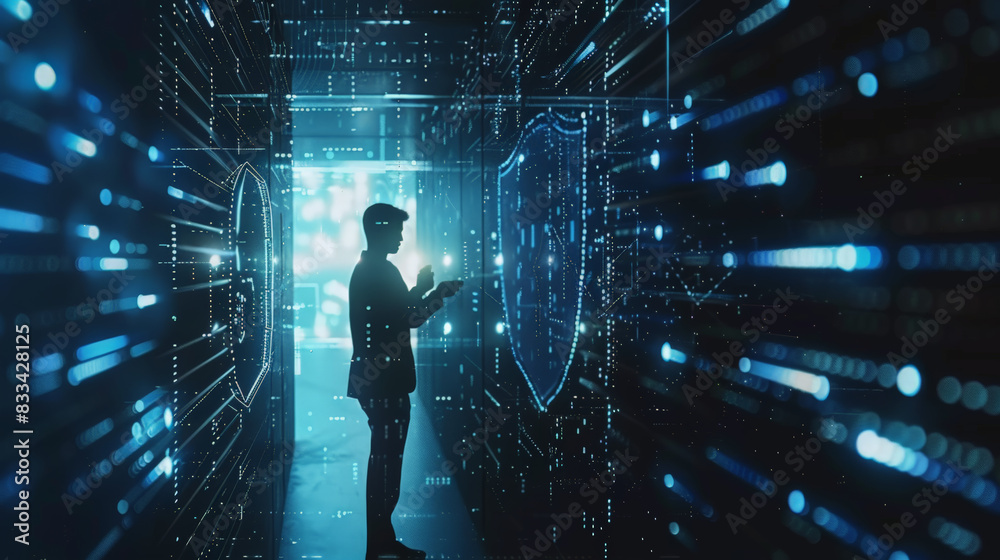businessman with virtual cyber security technology businessman with virtual cyber security technology