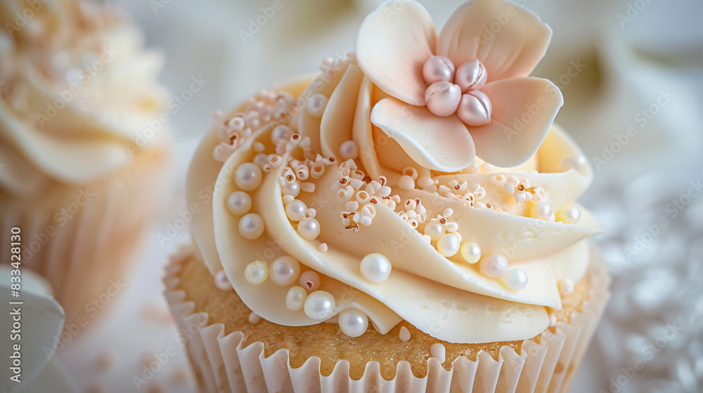 A cupcake with a white flower on top and a lot of white sprinkles A cupcake with a white flower on top and a lot of white sprinkles