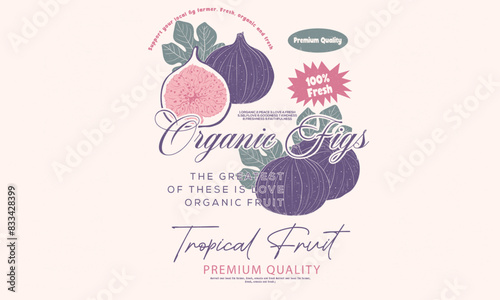 Fruit vintage t-shirt design. Fig farm artwork. Fresh farm design. Organic fig fruit print. Nature fruit club print design. Organic food artwork for for t-shirt. Summer tropical fruit poster.