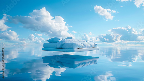 hovering bed over the water of a lake with reflection in the water and blue sky
