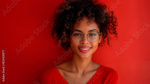 Young woman with curly hair smiling against red background