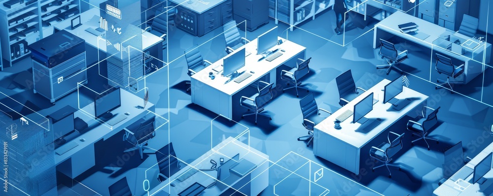 Modern high-tech office workspace with multiple desks and computers, showcasing a digital and connected environment for professional work. Modern high-tech office workspace with multiple desks and computers, showcasing a digital and connected environment for professional work.