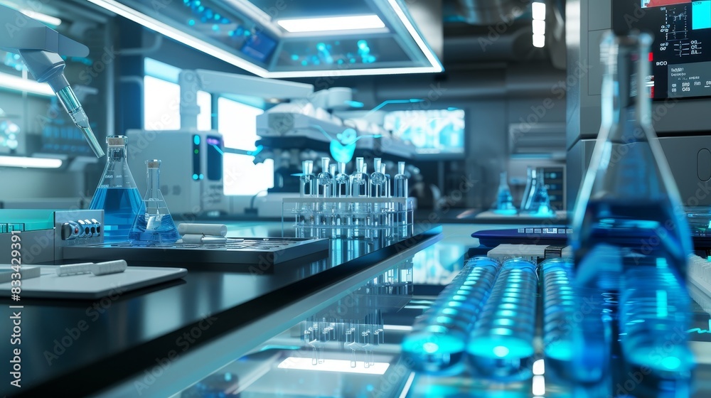 Modern laboratory filled with advanced scientific equipment, blue chemicals in test tubes, and futuristic technology. Modern laboratory filled with advanced scientific equipment, blue chemicals in test tubes, and futuristic technology.