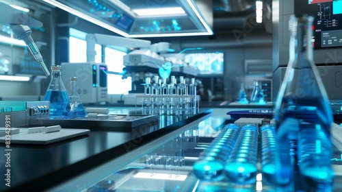 Modern laboratory filled with advanced scientific equipment, blue chemicals in test tubes, and futuristic technology. photo