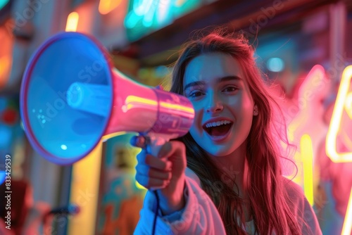 A woman holds a megaphone near a bright neon sign, a bold statement maker image