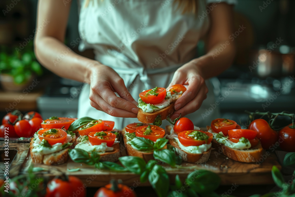 A woman is preparing a tray of bruschetta with tomatoes and basil. A woman hands makes bruschetta with mozzarella and pesto and tomatoes on dark rustic farm kitchen, close-up with focus on her hands,