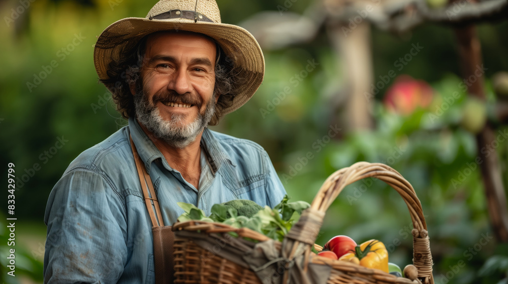 A man wearing a straw hat is holding a basket of tomatoes. He is smiling and he is happy. rural producer with a basket of organic products in his hand A man wearing a straw hat is holding a basket of tomatoes. He is smiling and he is happy. rural producer with a basket of organic products in his hand