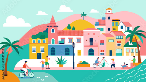 Vibrant Coastal Town Scene with Active Residents and Colorful Architecture