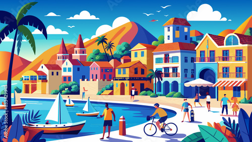 Colorful Coastal Town with Vibrant Community Lifestyle © Oksa Art