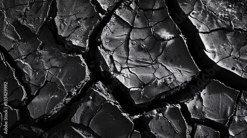A close up of a cracked rock with a dark background. The cracks are deep and jagged, giving the rock a rough and rugged appearance. Concept of decay and erosion photo