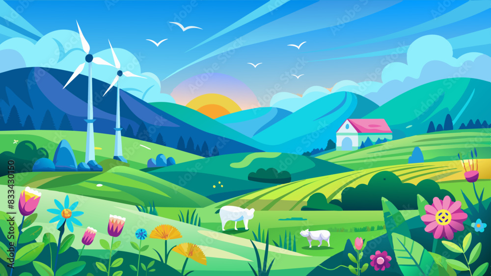 Idyllic Countryside Landscape with Wind Turbines at Sunrise Idyllic Countryside Landscape with Wind Turbines at Sunrise