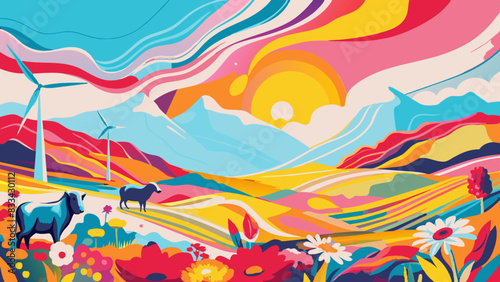 Vibrant Eco-Friendly Renewable Energy Landscape with Wind Turbines and Livestock Illustration