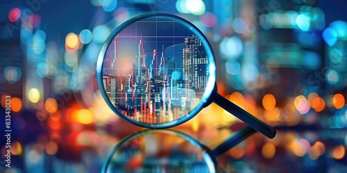 Magnified View of Financial Data and Cityscape
