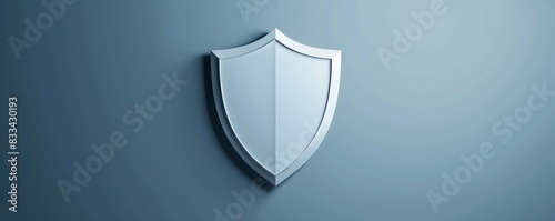 Sleek metallic shield on a blue gradient background symbolizing security, protection, and safety in a minimalist style. photo
