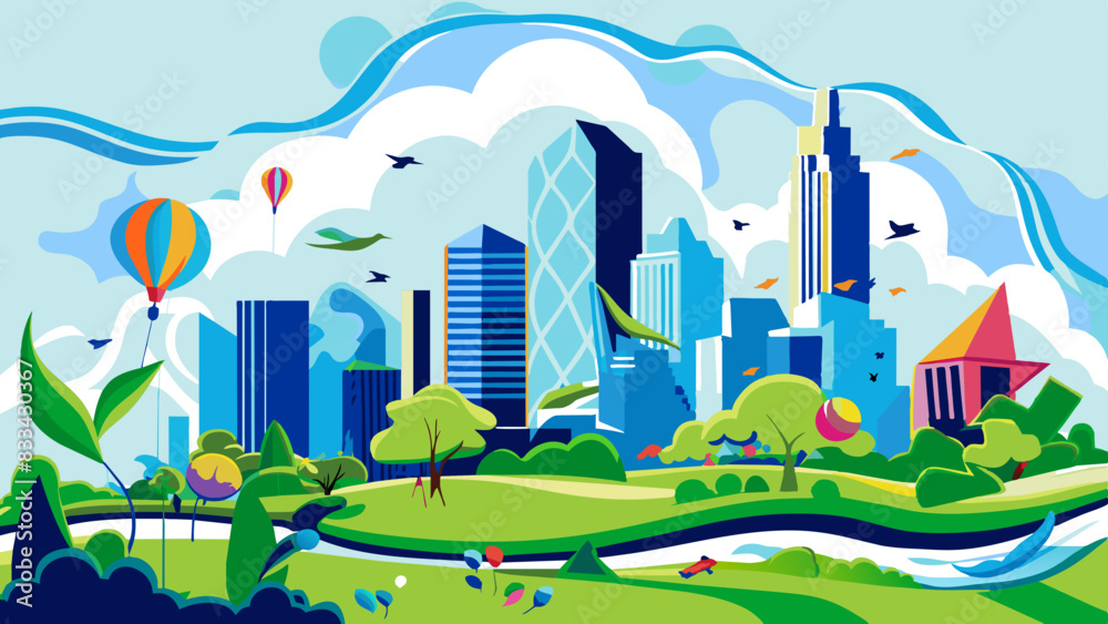 Vibrant Urban Park Landscape with Modern City Skyline Vibrant Urban Park Landscape with Modern City Skyline