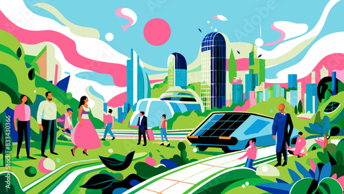 Vibrant Urban Park Scene with Diverse People and Futuristic Cityscape
