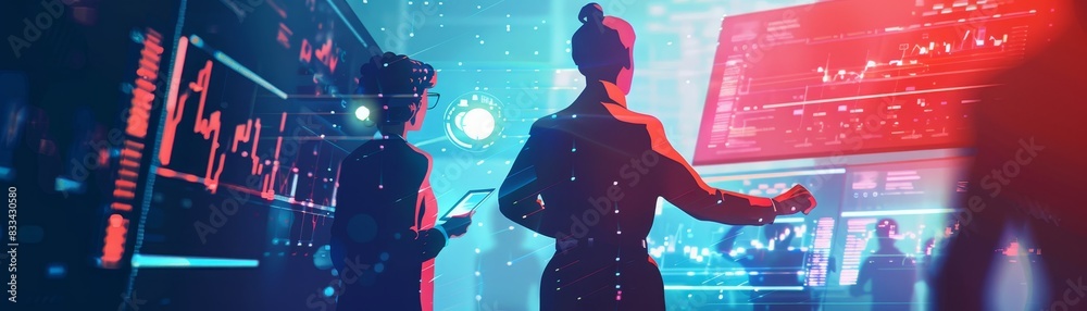 Two professionals analyze digital data on futuristic holographic screens in a high-tech environment, emphasizing science and technology. Two professionals analyze digital data on futuristic holographic screens in a high-tech environment, emphasizing science and technology.