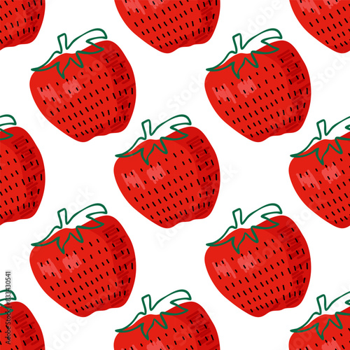 Seamless Strawberry pattern hand drawn vector illustration. Doodle print with Red Berry background. Berry organic food for dessert menu, invitation, wallpaper, textile, wrapping, packaging. Eco food.
